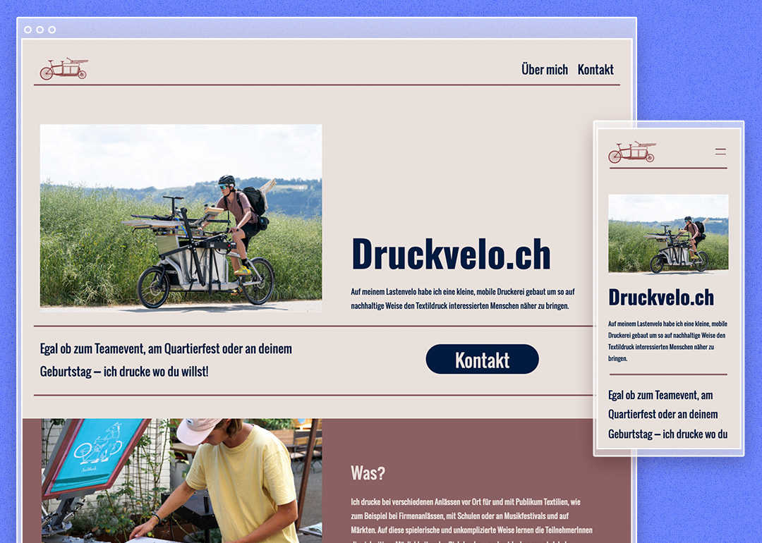Screenshots der Website druckvelo.ch auf Desktop und Smartphone