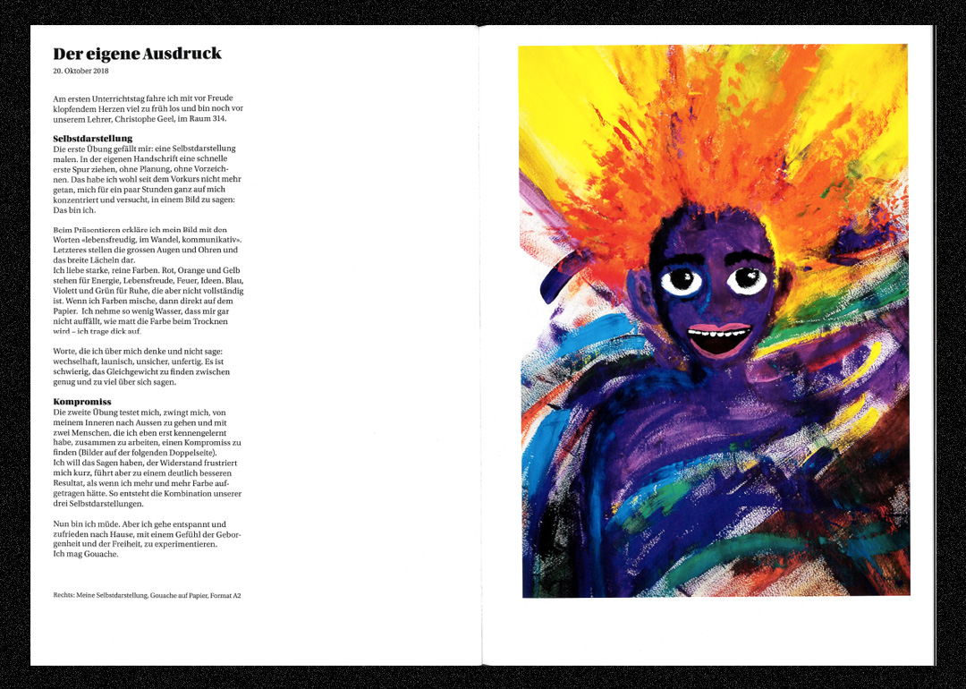 Doppelseite zum Projekt Der eigene Ausdruck, mit Selbstportrait in Gouache