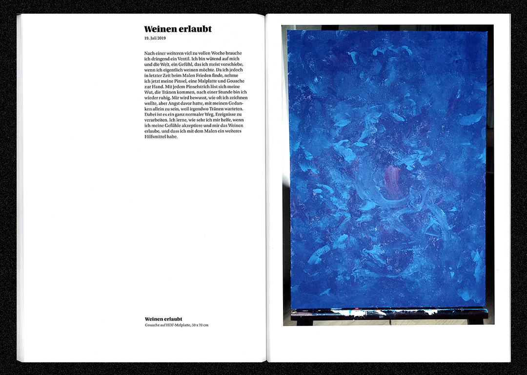 Doppelseite mit Acrylgemälde in Blautönen